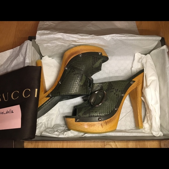 GUCCI NWT Olive Green Python Platform Wood Clogs Very Rare 💕NEW IN BOX - Picture 4 of 10